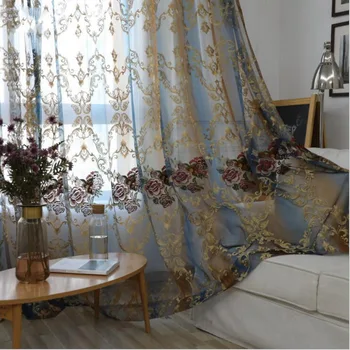 

European Luxury Embroidery Hollowed Jacquard Fancy Design Sheer Curtain Blue Coffee Gradient Panel Blind For Living Room wp006#4