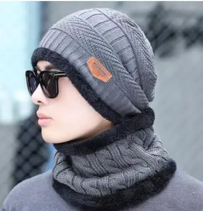 06-Dark Grey Sparsil, женская, Мужская Зимняя шерстяная шапка, грелка для шеи, унисекс, вязаный шарф, набор Skullies, одноцветные теплые флисовые шапочки, шарфы, теплый воротник - Цвет: 06-Dark Grey