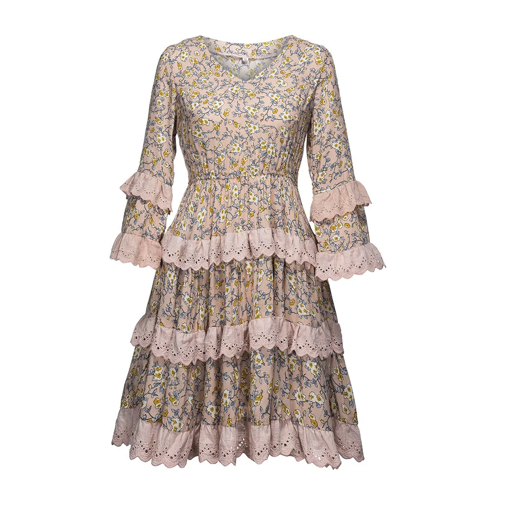 Bohemian Ruffle Dress Women Boho Floral Print V-Neck Casual Long Sleeeve Ruffle Beach Dresses Woman Party Night Mini Dress#B