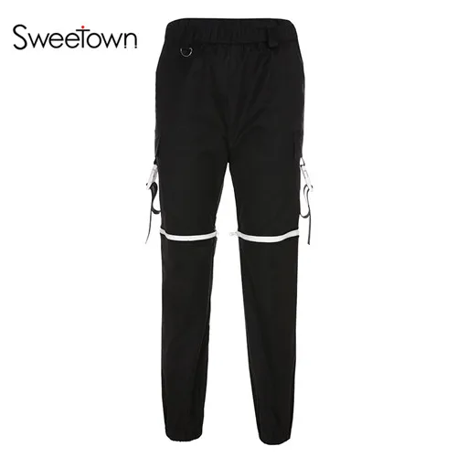 black Sweetown черные панк готические уличная женские брюки-карго на молнии с открытой пряжкой брюки с высокой талией хиппи спортивные штаны осень-зима - Цвет: black