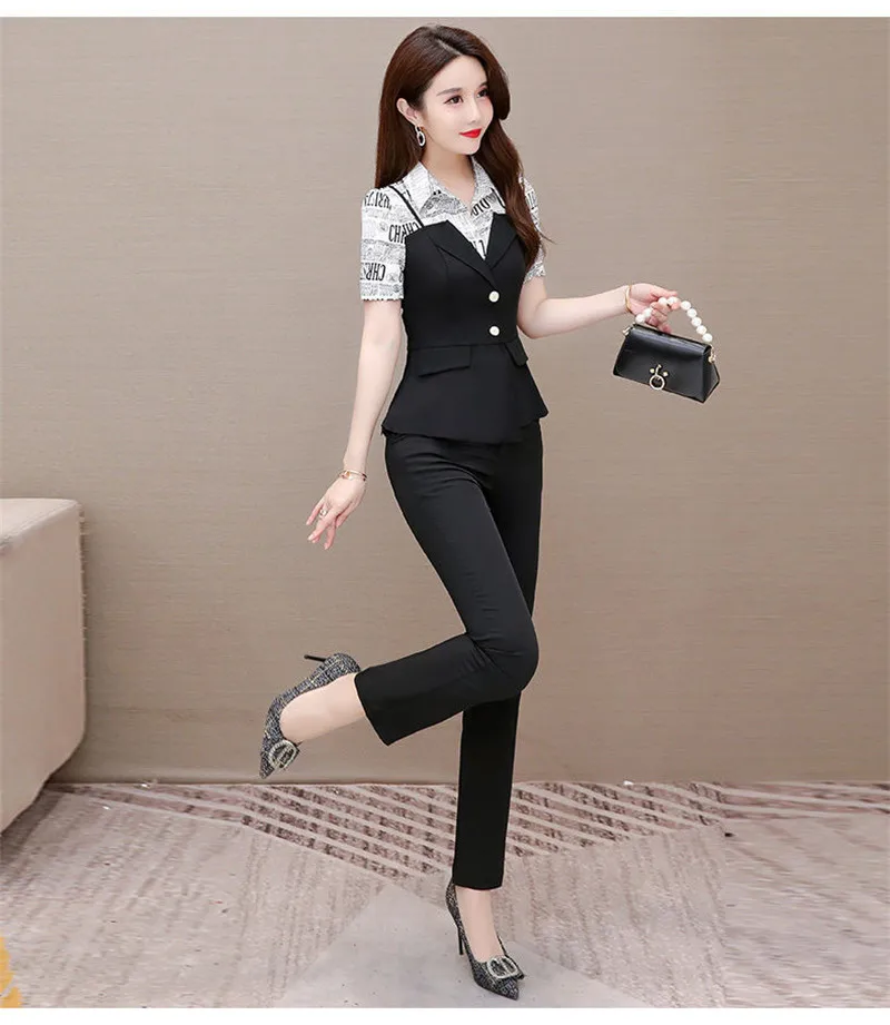 Women Pants 2-Piece Set 2021 Female Spring Summer Slim Suit Lady Blouse +Plus Size Wide Leg Pants Office Ladies Sets 3XL H242 coord sets women