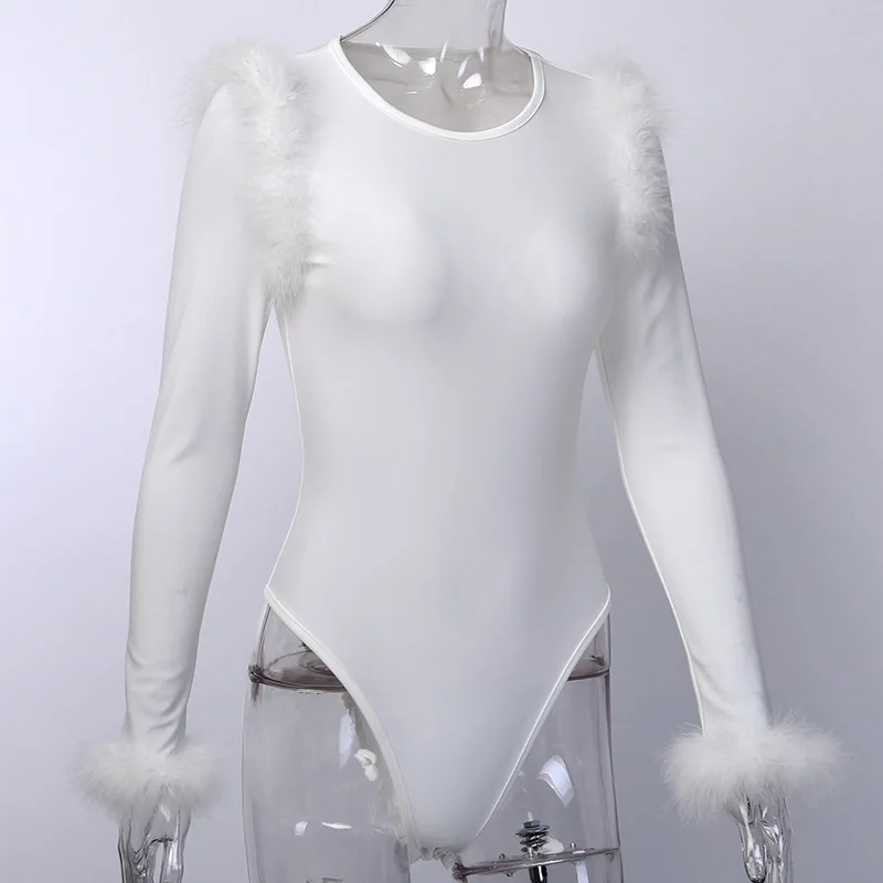 BKLD White Long Sleeve Bodysuit Women One Piece Jumpsuits Fuzzy Patchwork Bodycon Clubwear Women Bodysuits Autumn New