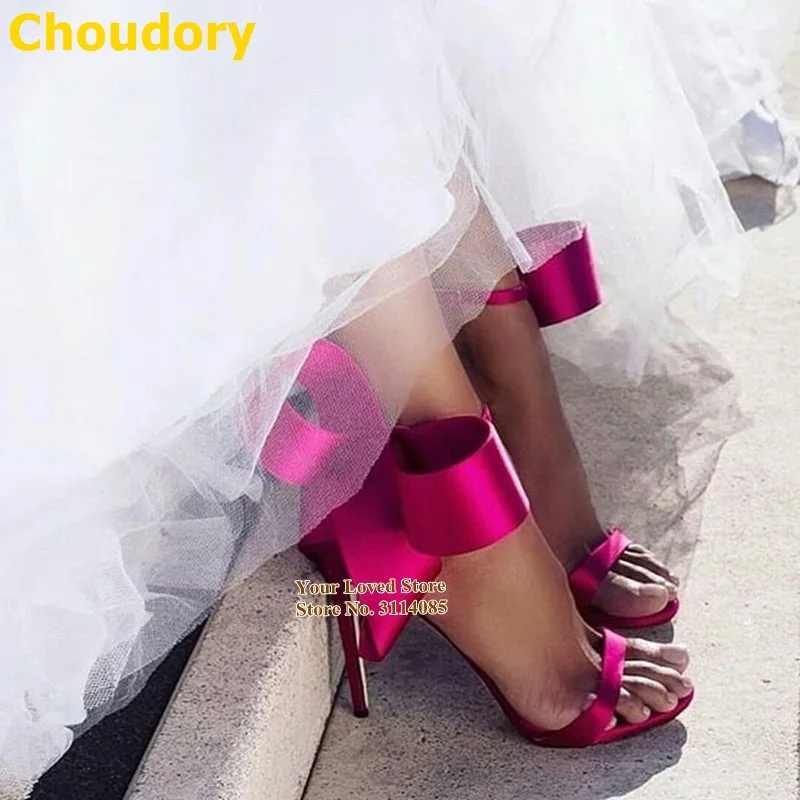 玫红色丁布大蝴蝶结一字带凉鞋 (1)