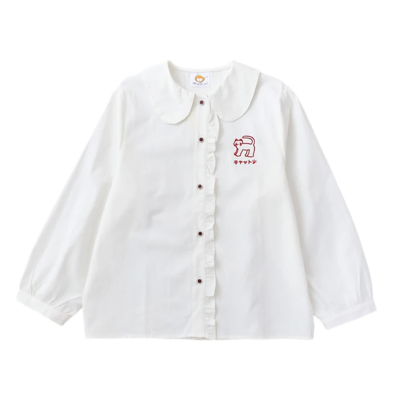 Lolita Cute Girls White Shirts Women Kawaii Cat Peter Pan School Blouses Ruffles Preppy Long Sleeve Button Up Doll Collared Tops [fila]women v collared shirt