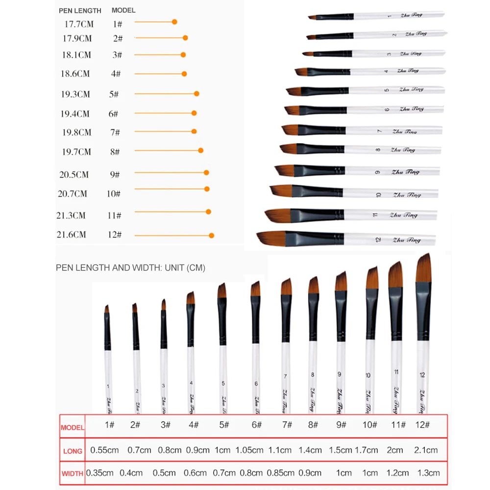 Brush Pen Delicate Durable Nylon 12Pcs Craft Art Drawing Supplies Painting Brush Acrylic Nylon Hair Paintbrush