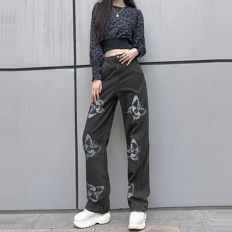Women's High Waisted Jeans Butterfly Print Straight Wide Leg Denim Pants  Baggy Loose Casual Trousers Streetwear - AliExpress