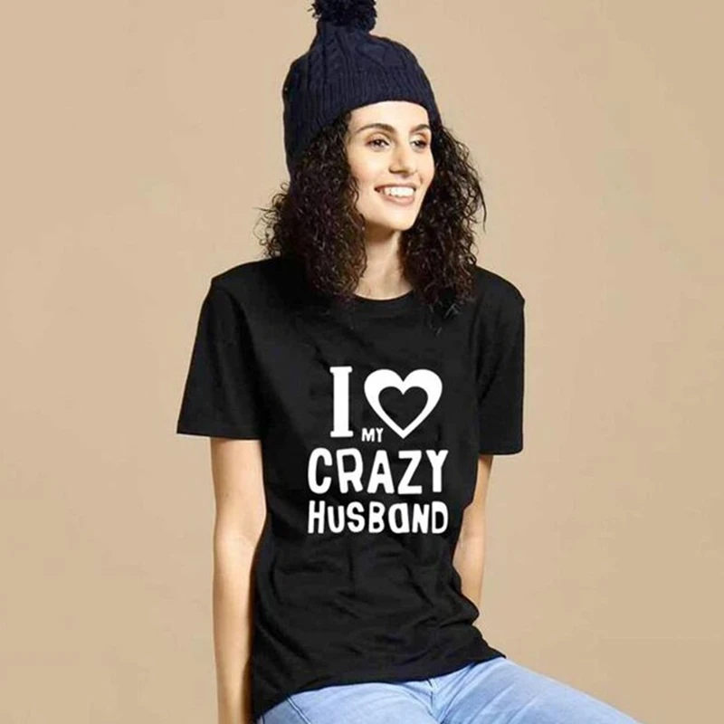Фото Модные футболки SKMY в стиле Харадзюку с надписью «I LOVE MY CRAZY» для мужа и жены пары с коротким рукавом для мужчин и женщин Летняя одежда топы №3