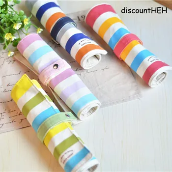 

Cute Colorful Stripes Roll Pencil Bag Cute Canvas Large Capacity Stationery Creative For Girl School Supplies 1Pcs/set Fashion