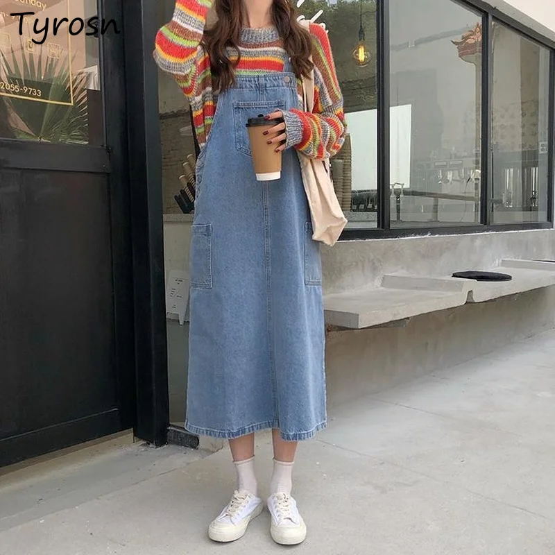 

Sleeveless Dress Women Elegant All-match Denim Vestidos Korean Style Empire Leisure Pockets Chic Midi Dresses Students Stylish