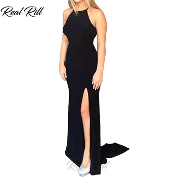 

Real Rill Halter Prom Dresses Long Sheath Side Split Zipper Up Back Floor Length Sweep Train Satin Dress 2019 Vestido De Gala