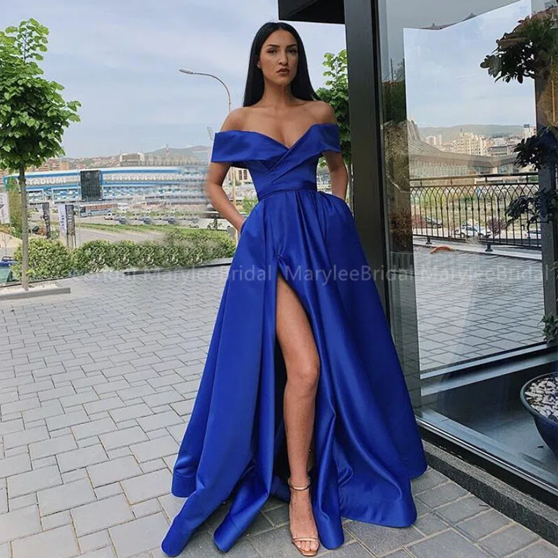 Vestidos sensuais com ombro de fora para festa, vestido azul real