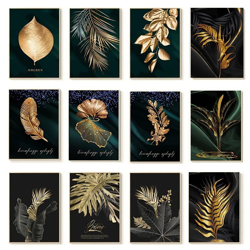 Black Poster Modern Wall Art Canvas Painting Gold Leaves Paintings Sofa Background Botanical Pictures For Living Room Decor | Дом и сад