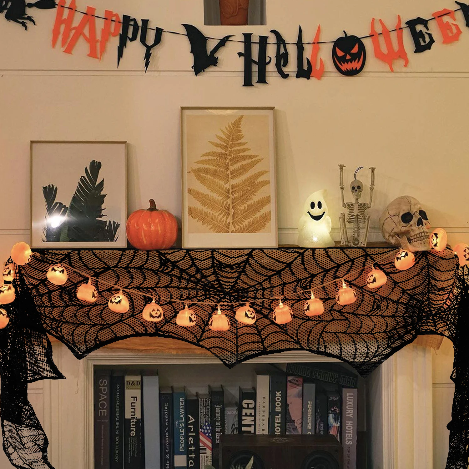 2PCS/lot Halloween Decorative Stove Towel Halloween Party Decoration Black Lace Fireplace Cover For Halloween Decoration