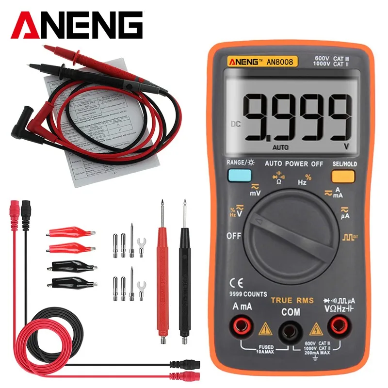 

Auto Range Digital Multimeter Universal Multi Meter Plug 9999 Counts LCD Display Diode Mode Electronic Probe Test Leads AN8008