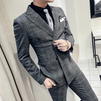 

New men's fashion plaid two-piece suit young men's slim Korean double-breasted suit casual sets