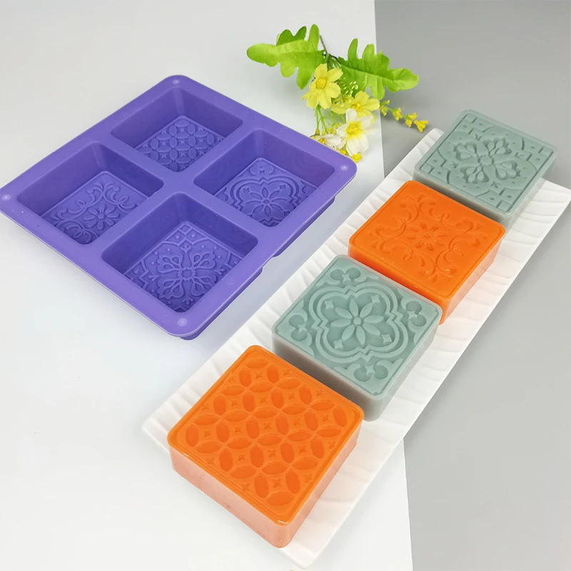 

4 Cavity New Square Flower Silicone Soap Mold Handmake DIY Fondant Chocolate Soap Mould For Cake Moon Cake Crafts Making Tool