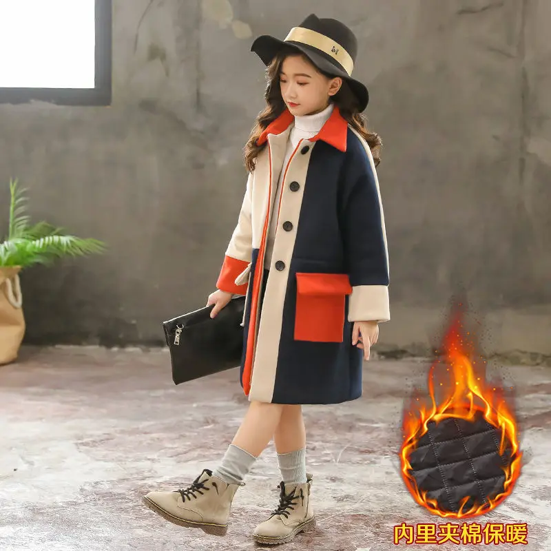 Orangewoolencoat Зимние хлопковые длинные куртки для девочек Детская верхняя одежда повседневное шерстяное пальто в клетку с отложным воротником для малышей - Цвет: Orangewoolencoat