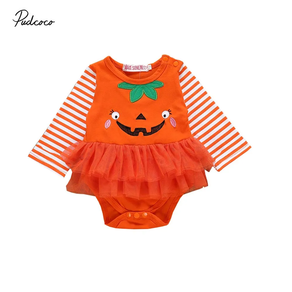 

2019 Brand Halloween Newborn Girl Clothes Long Sleeve Bodysuit Pumpkin Costume Print Striped Tulle Tutu Dress Overall Outfit New