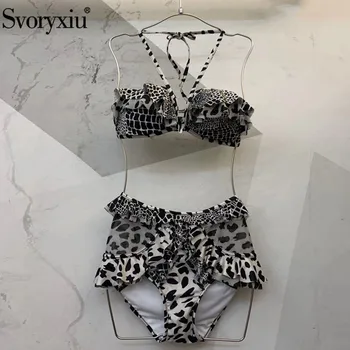 

Svoryxiu Sexy Runway Leopard Print Two Piece Set Bikini Playsuit Women's Corset + High Waist Shorts Summer Beach Swimsuit Female