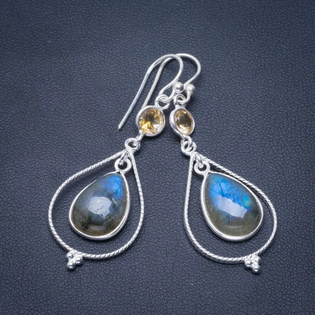 

Natural Blue Fire Labradorite and Citrine Handmade Unique 925 Sterling Silver Earrings 2" B2215