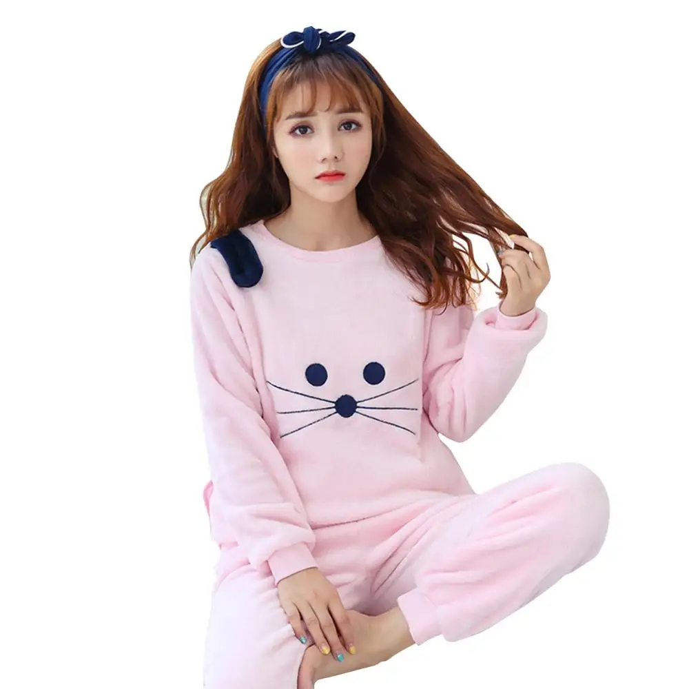 2pcs Autumn Winter Women Thin Flannel Women Pajama Set Pullover Thick Coral Velvet Long Sleeve Cartoon Homewear Dropshipping - Цвет: as picture