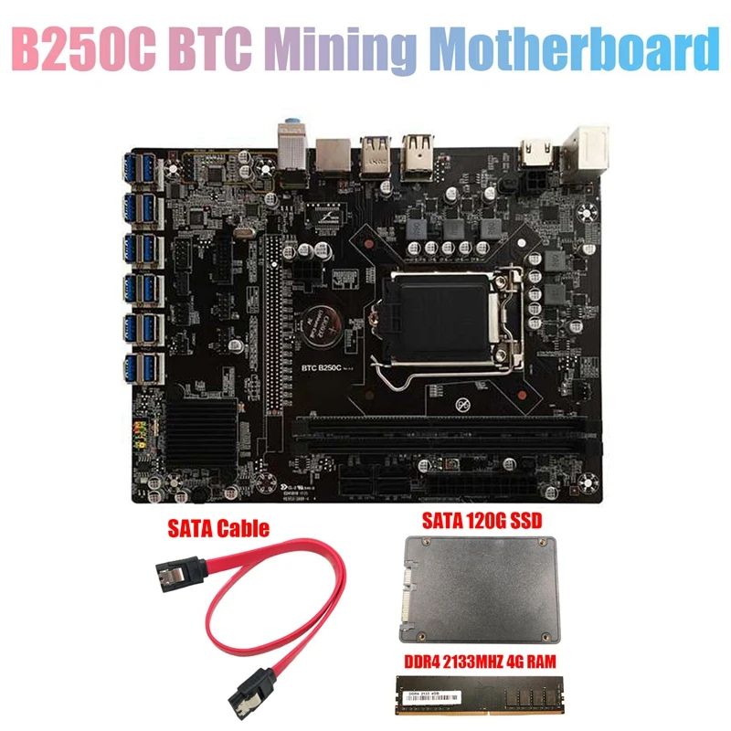 Материнская плата B250C для майнинга BTC с 120G SSD + DDR4 4 Гб 2133 МГц ОЗУ кабель 12xpcie на USB3.0