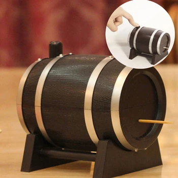 

Toothpick Holders Oak Wine Barrel Type Automatic Toothpick Case Press Bucket Dispenser Tooth Pick Cotton Swab Case Black Box