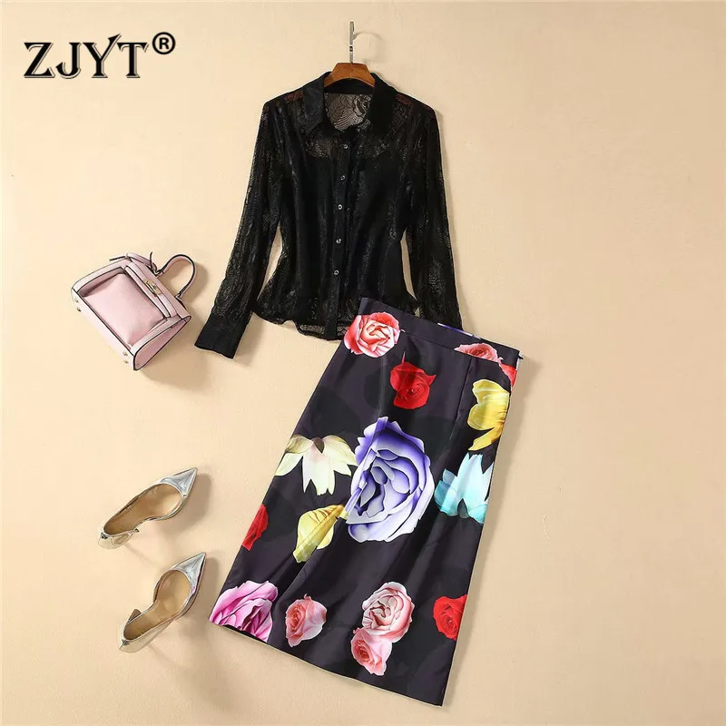

High Quality Fashion Women Runway Suit Set Spring New Designers Sexy Lace Blouse and Floral Pencil Skirt 3Piece Set Outfits