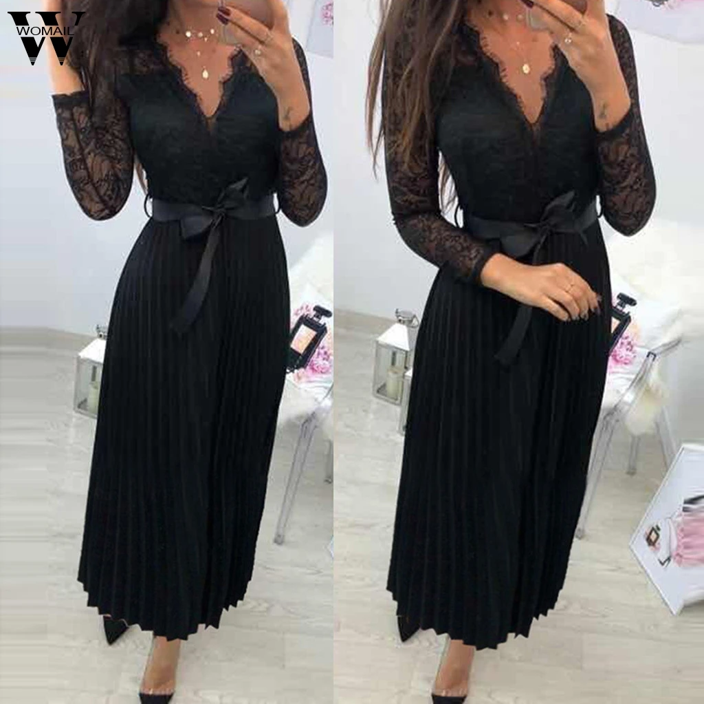 

Womail dresses women Ladies Loose Solid Lace Patchwork Zipper Long Sleeve Dress women long sleeve dress Ju26