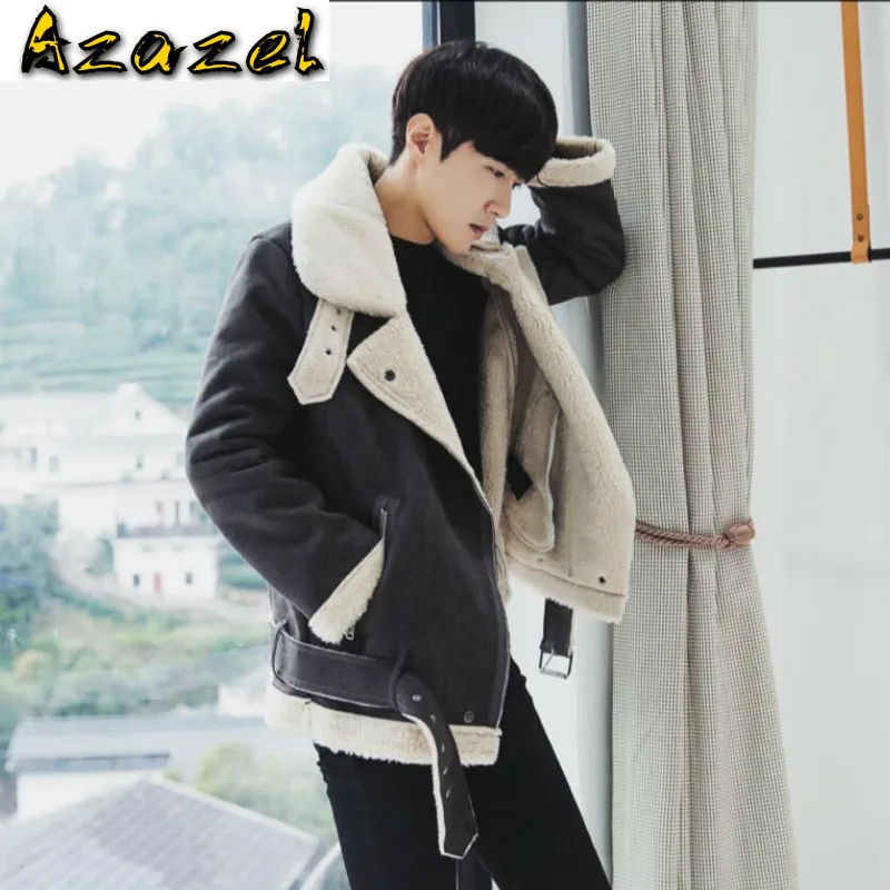 

M-XXL Winter Warm Fur Collar Suede Faux Leather Jacket Men's Korean Motorcycle Casual Jacket Coat Lamb Fashion Cotton Clothing