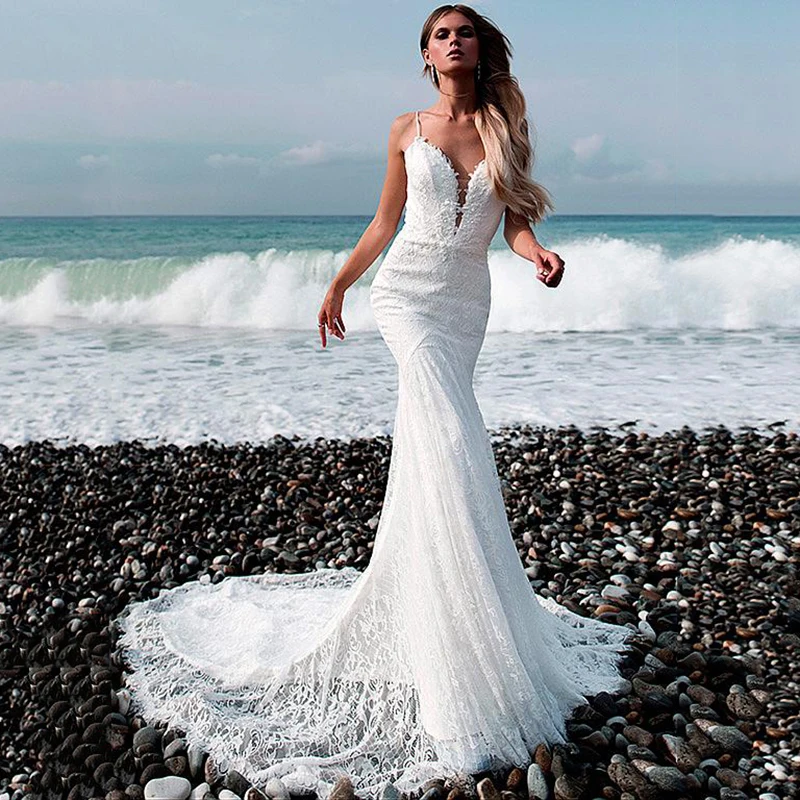 

Full Sexy Lace Mermaid Wedding Dresses Spaghetti Straps Backless Long Train Bridal Gown Vestido De Noiva Custom Made
