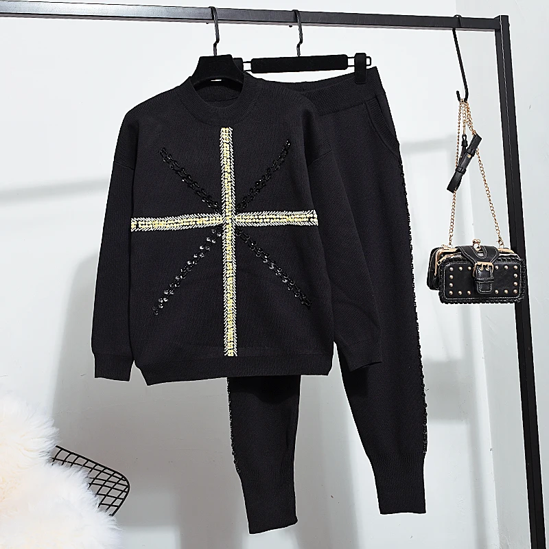 

Knitted Sweater Women Set 2019 Autumn New Fashion Beading Long Sleeve Pullover Tops + Casual Small Feet Pants 2 Piece set women