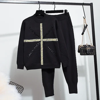

Knitted Sweater Women Set 2020 Autumn New Fashion Beading Long Sleeve Pullover Tops + Casual Small Feet Pants 2 Piece set women