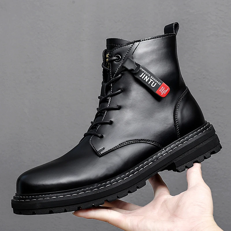 Botas de cuero de alta calidad para hombre, zapatos informales a la moda, con brillo pulido, militares, tácticas