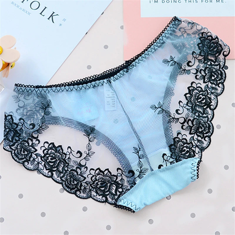 Light Blue Женские кружевные трусики пикантные модные хлопковые трусики с низкой талией комфортное женское нижнее белье дамское Прозрачное нижнее белье - Цвет: Light Blue