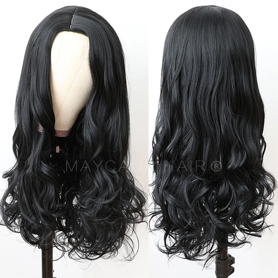 Maycaur Long Wavy Wig with Side Bangs Black Brown Red Synthetic Hair Wigs for Black Women Glueless Heat Resistant Fiber Hair (4)
