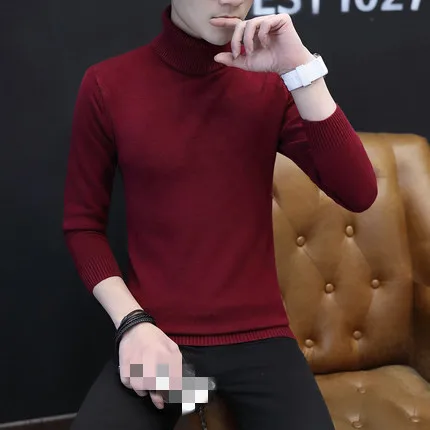 wine red C1077 стиль весна и осень водолазка Мужская мода свитер чистого цвета Дешевые - Цвет: wine red