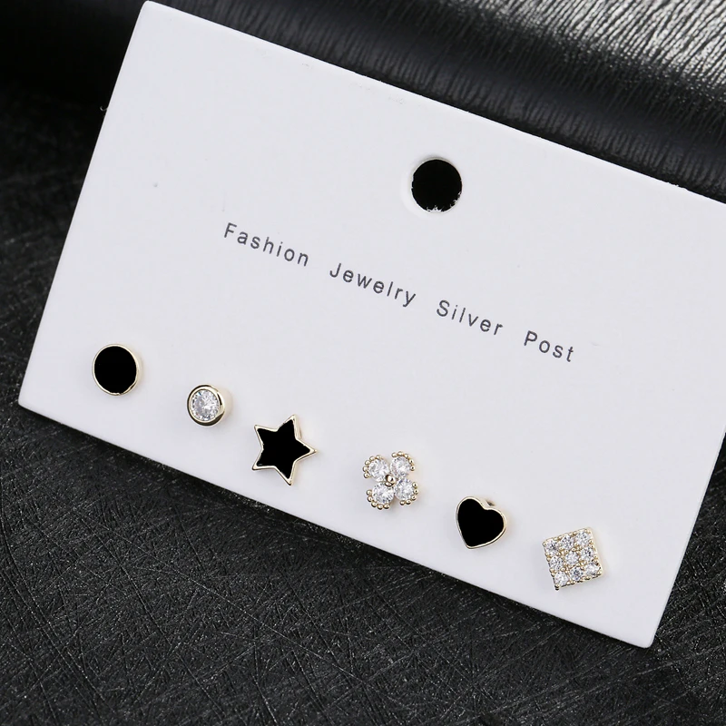 MIGGA, 6 шт., маленькие серьги-гвоздики с кубическим цирконием, золотой цвет, черное масло, капельное сердце, в форме звезды, женские серьги-гвоздики, ювелирное изделие