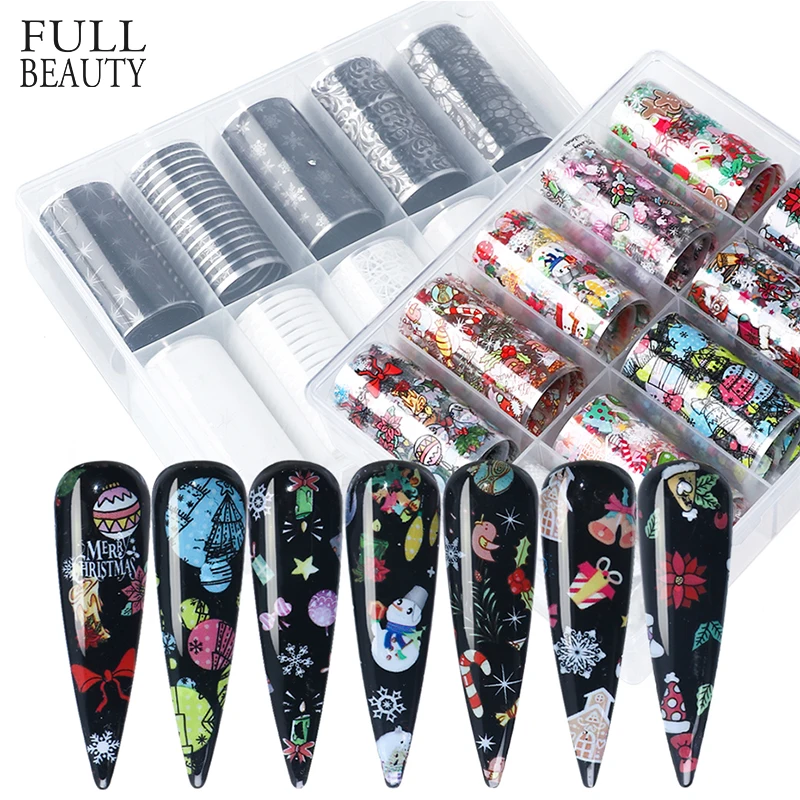 

10pcs Holiday Transfer Sticker Nail Foils Set Christmas Snowflakes Elk Santa Starry Paper Clear Manicure Nail Art Wraps CH1037-1