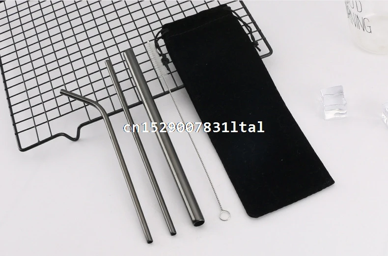 10set 304 Stainless Steel Straw Metal Straws 215*6mm Reusable Straw Drinking Straws Set Brush Bag 4pcs/set