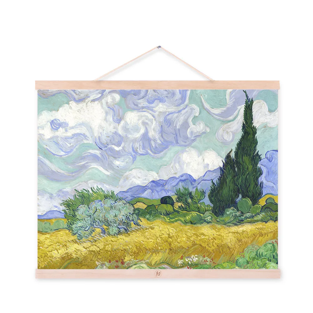 

Mild Art Simple Solid Wood Hanging Painting Van Gogh Wheat Field Cypress Entrance Living Room Library Oil Painting Decoration Fa
