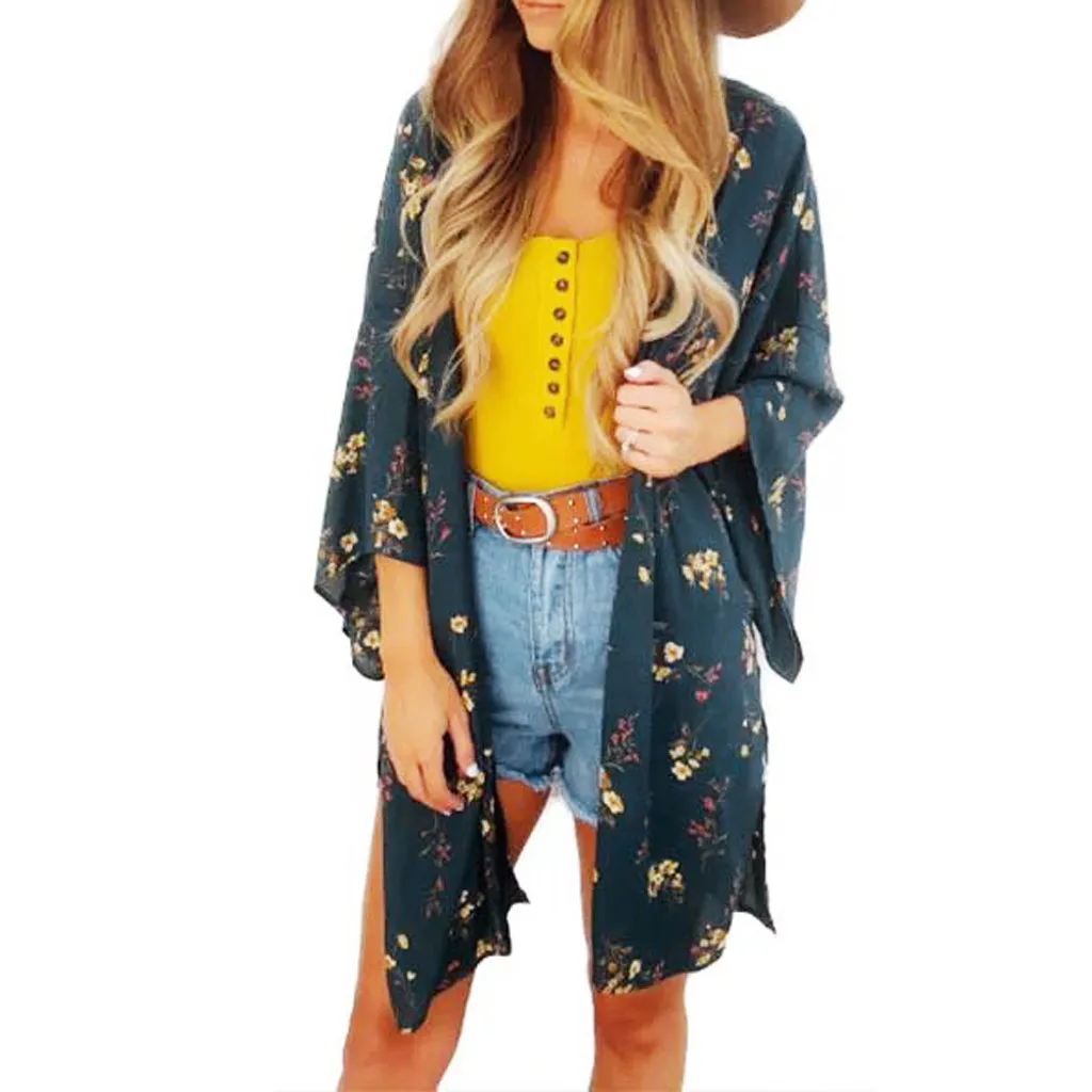 Женская шифоновая блузка с цветочным принтом, рубашка, Boho Sandy, пляжный кардиган, длинная Легкая блузка, купальник, накидка, кимоно Femme