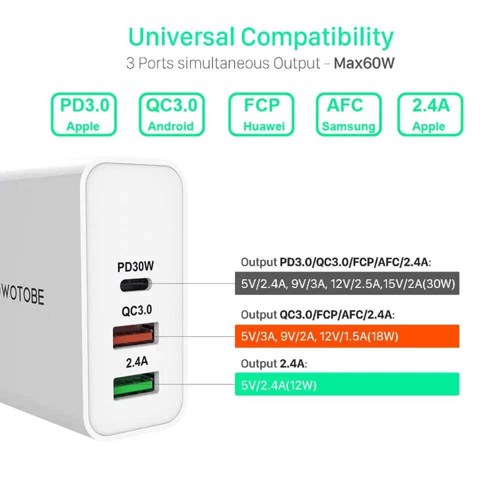 60 Вт TYPE-C USB-C зарядное устройство, PD30W QC3.0 зарядное устройство для huawei USB-C ноутбуки MacBook Pro/Воздушный iPad Pro iPhone 11/x/8 s9/s10/note9