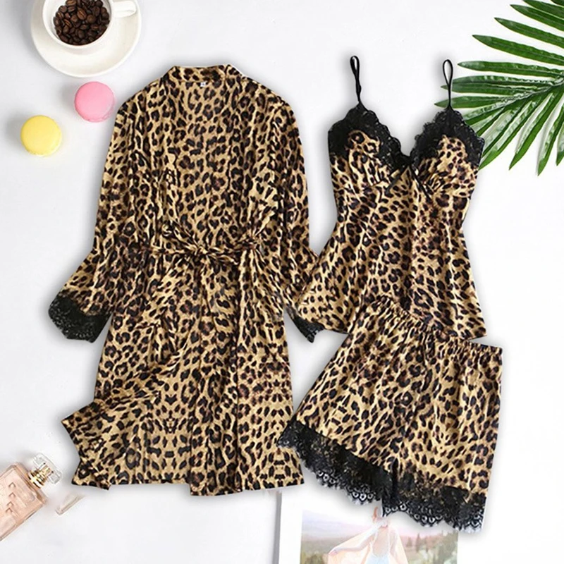 Leopard print Sexy Women Pajamas Sets Satin Sleepwear Pijama Silk Home Wear Embroidery Sleep Lounge Pyjama Nightwear Lingerie