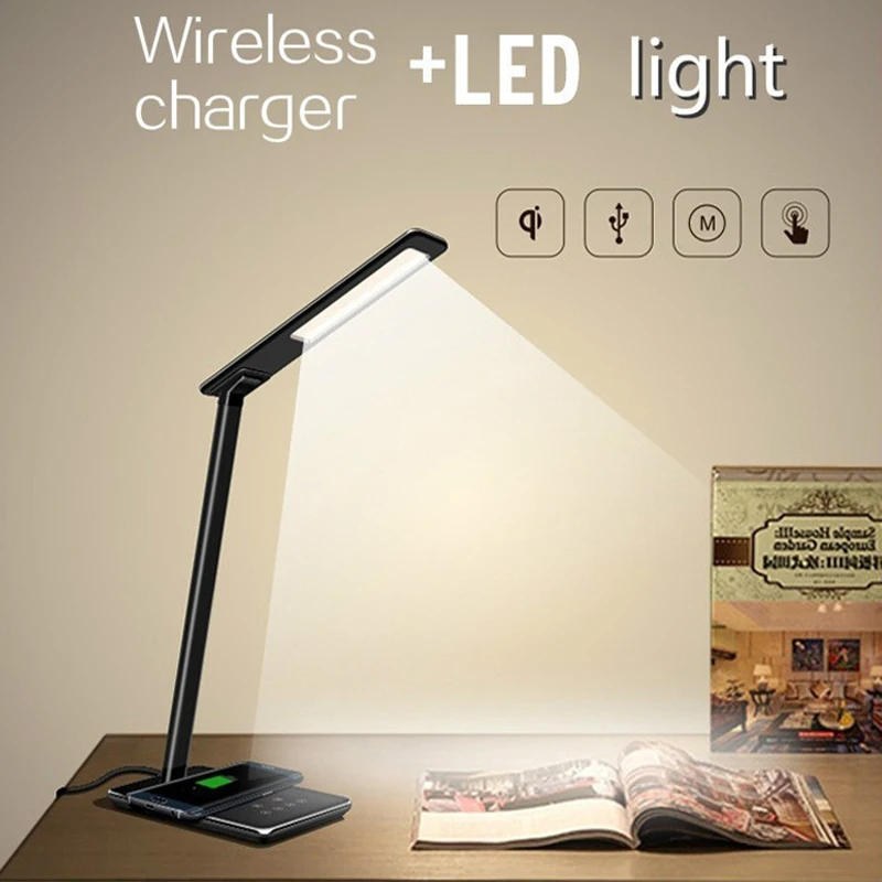 Ceny Qi lampa stołowa led światła ściemniania lampy biurko QI bezprzewodowa podkładka ładująca szybka telefon komórkowy uchwyt do ładowania stojak składany lampka do czytania