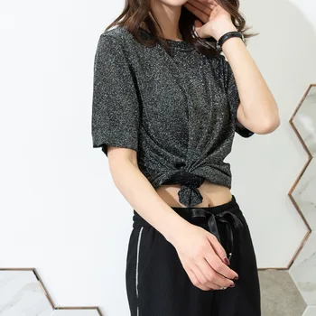 

New casual bright silk short-sleeved shirt round neck chiffon T-shirt women red