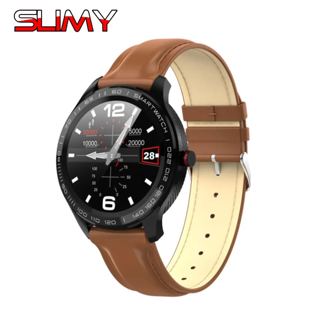 leather brown Slimy L9 ECG+ PPG Смарт-часы кровяное давление кислород IP68 Водонепроницаемые умные часы пульсометр наручные часы напоминание о звонке - Color: leather brown