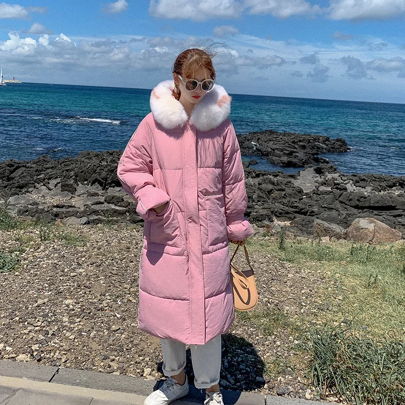 

2019 New Products Long Cotton-padded Clothes Women's Korean-style Loose Casual Thick Cotton Coat Fashion Nagymaros Collar Red BF