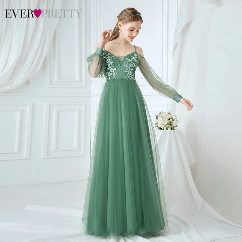 Простые Зеленые Вечерние платья Ever Pretty Appliques Спагетти ремни блестками холодное плечо Тюль Формальные платья Abendkleider