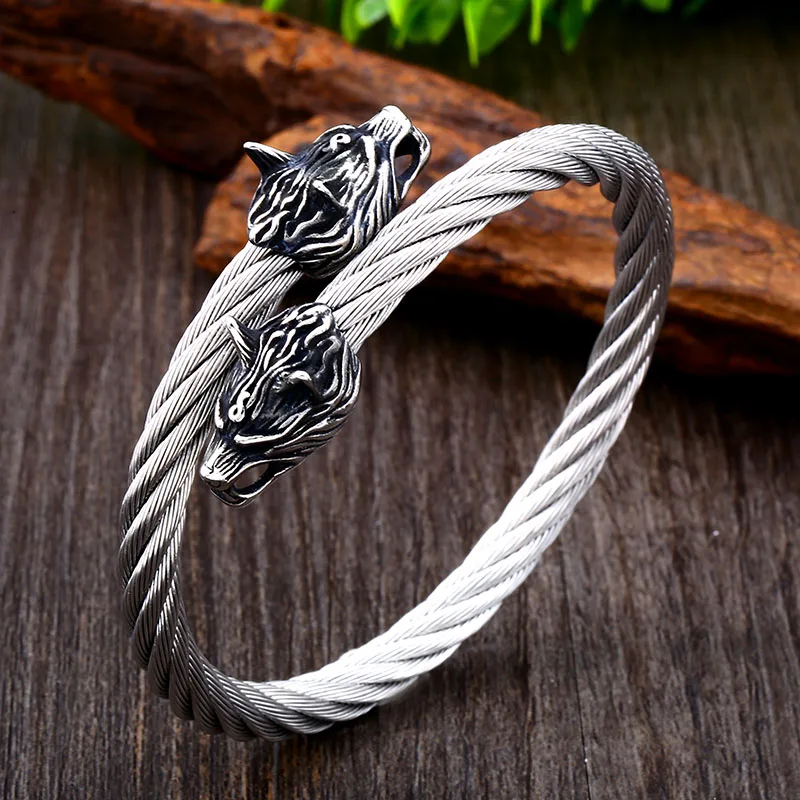 Beier Classic Animal Viking Double Wolf Head Adjustable 316L Stainless Steel Men's Bracelet Fashion Double Snake Heads Jewelry bangle bracelet stainless steel bracelet snake bangle bracelet
